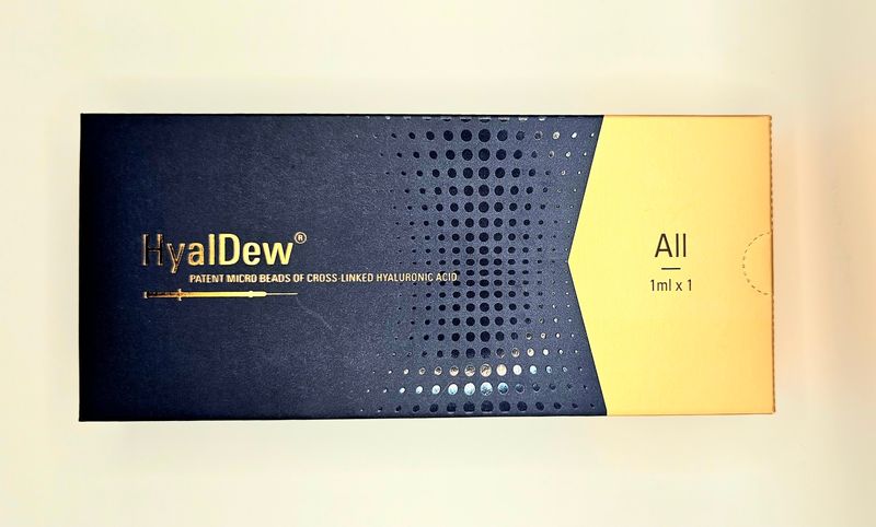 Front of HyalDew All dermal filler box from Vitality Vitamin Vials