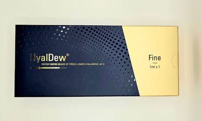 Hyaldew Fine - 1 × 1ml Syringe with Lidocaine Front of HyalDew Fine dermal filler box from Vitality Vitamin Vials