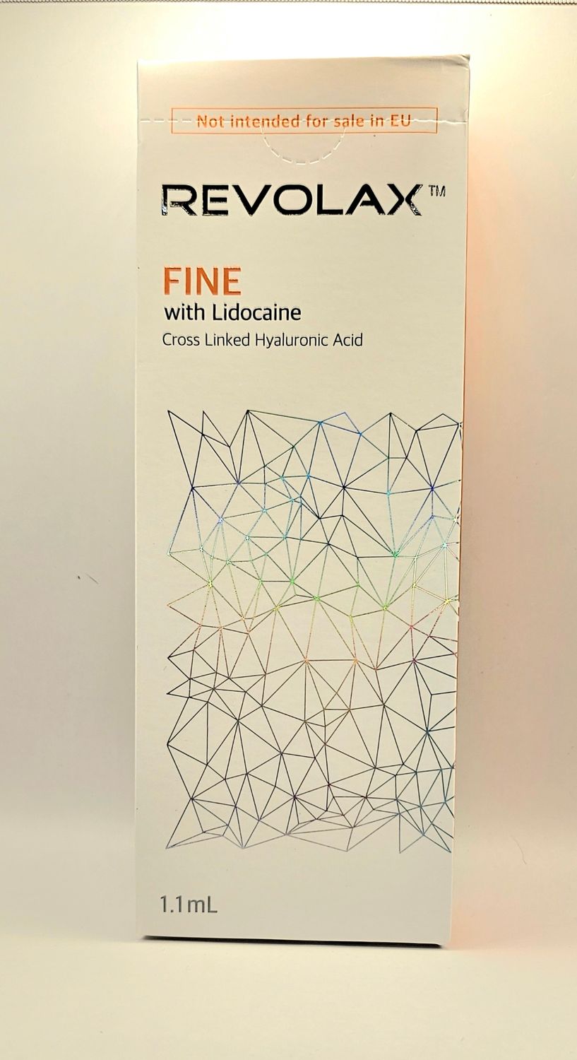 Revolax Fine with lidocaine front of box from Vitality Vitamin Vials
