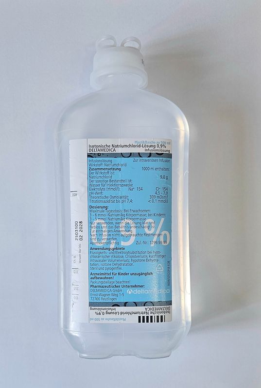 500ml Normal Saline Solution 0.9% NaCl IV drip bottle ready for use from Vitality Vitamin Vials