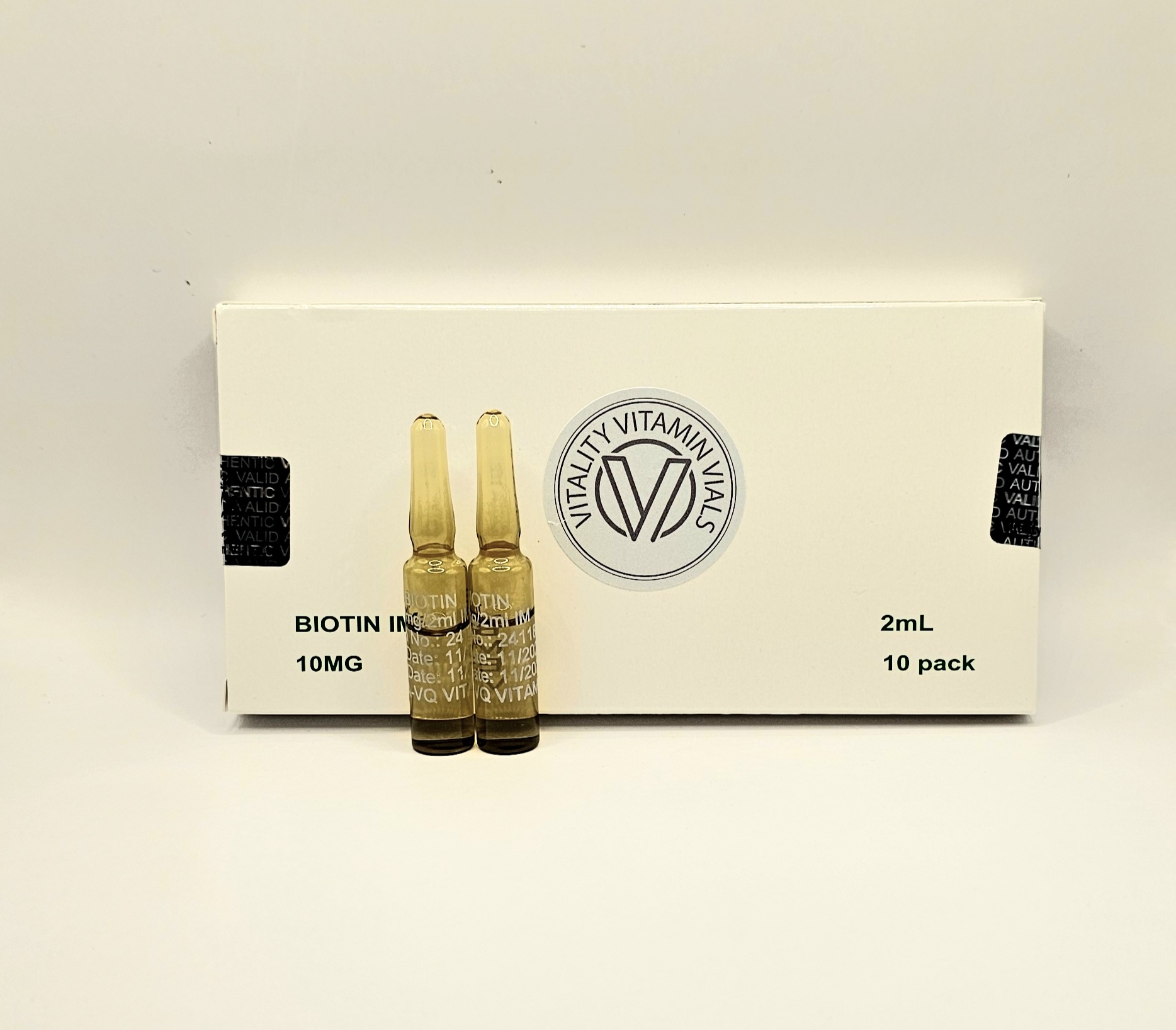 Biotin 10mg 2ml single use ampoules front of box from Vitality Vitamin Vials
