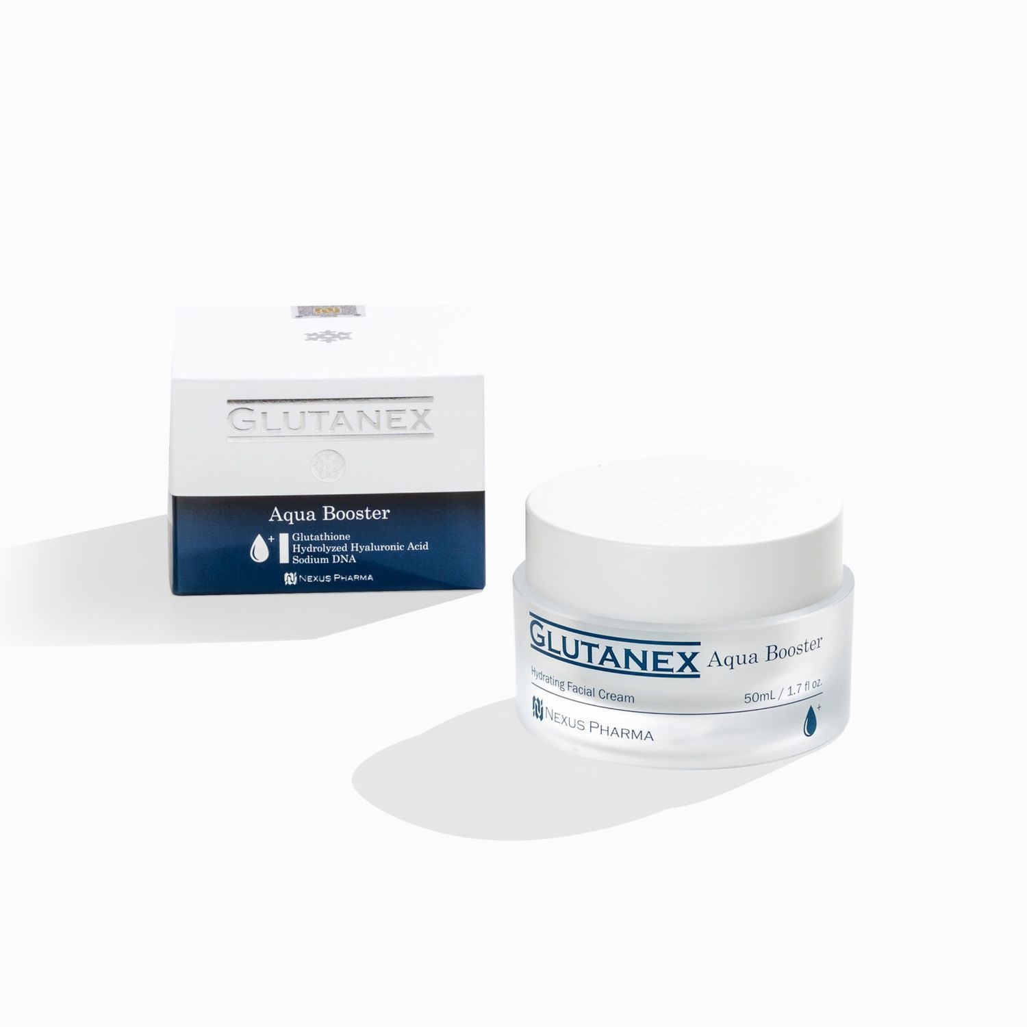 Glutanex Aqua Booster 50ml box and cream tub from Vitality Vitamin Vials