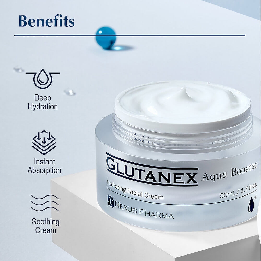 Glutanex Aqua Booster 50ml box and cream tub from Vitality Vitamin Vials