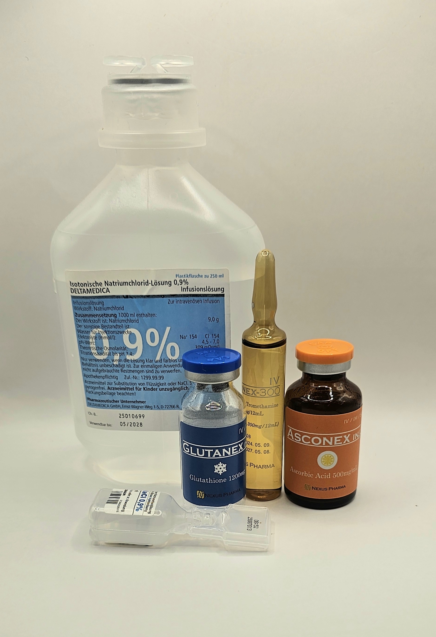 Box of Glutathione, Vitamin C and Thioctic acid making up the Snow White Drip Kit from Vitality Vitamin Vials