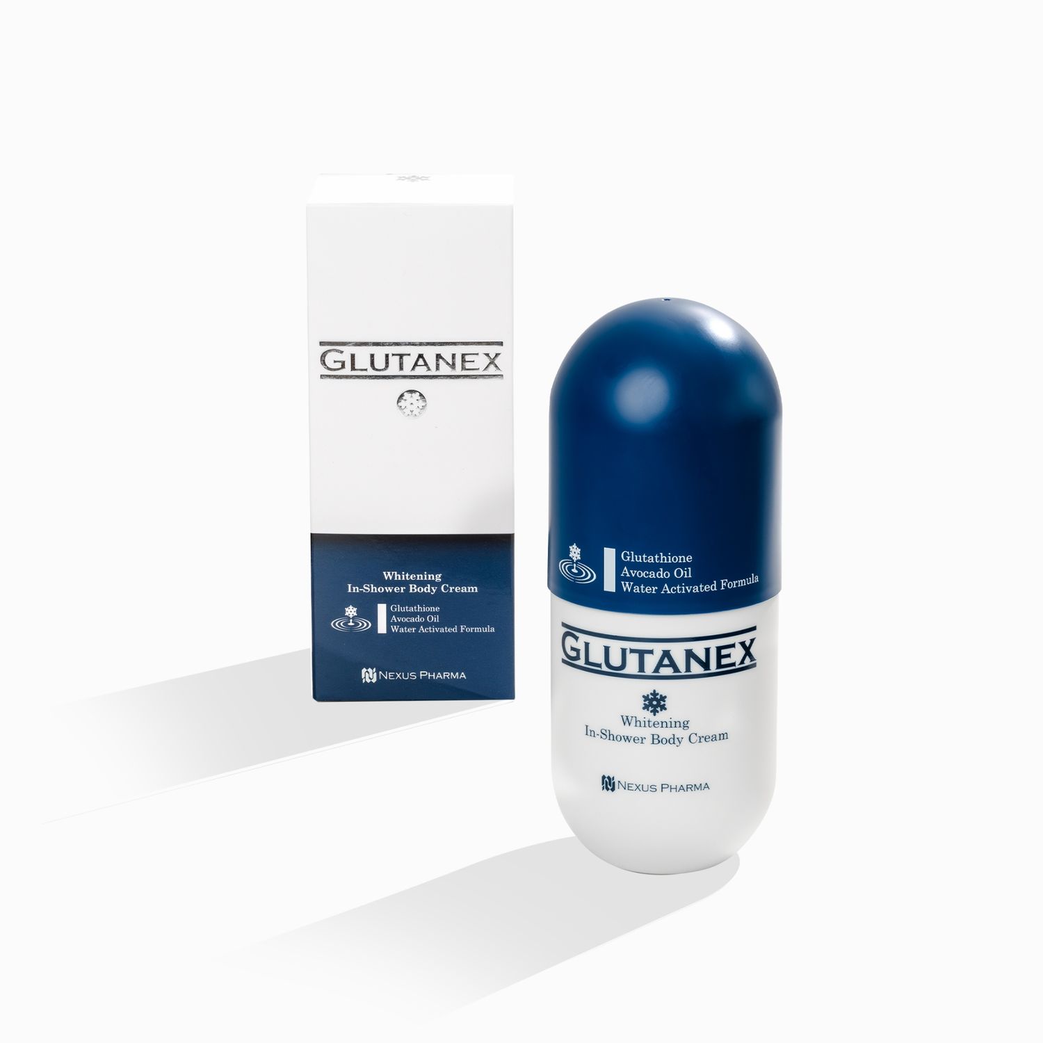 Glutanex Whitening In-shower Body Cream box and pump from Vitality Vitamin Vials