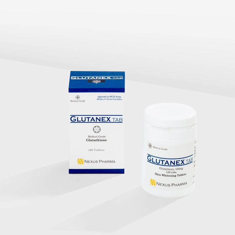 Glutanex Tab Glutathione 100mg tablets box and jar from Vitality Vitamin Vials