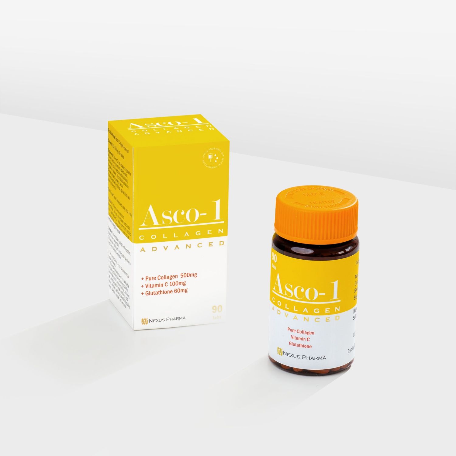 Asco-1 Collagen Advanced - 90 Tablets ASco-1 Collagen Advanced Tablet box and pot from Vitality Vitamin Vials
