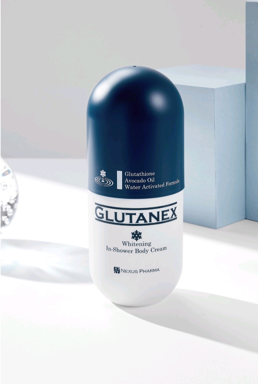 Glutanex Whitening In-shower Body Cream box and pump from Vitality Vitamin Vials