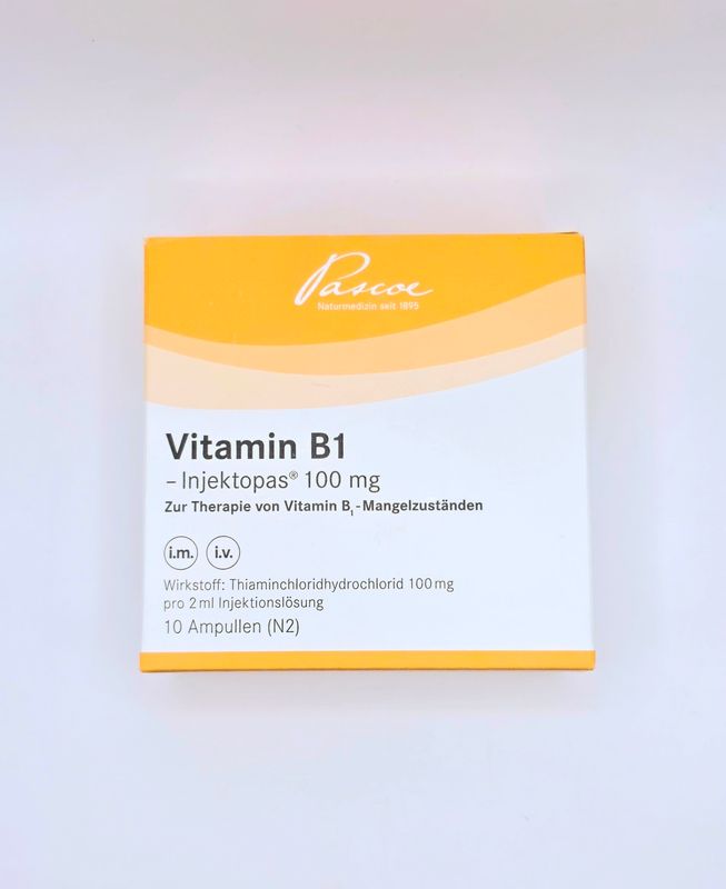 Pascoe Vitamin B1 Thiamine 100mg 2ml ampoules front of box by Vitality Vitamin Vials