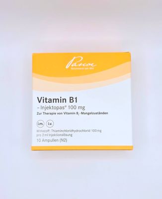 Pascoe Vitamin B1 Thiamine 100mg 2ml ampoules front of box by Vitality Vitamin Vials