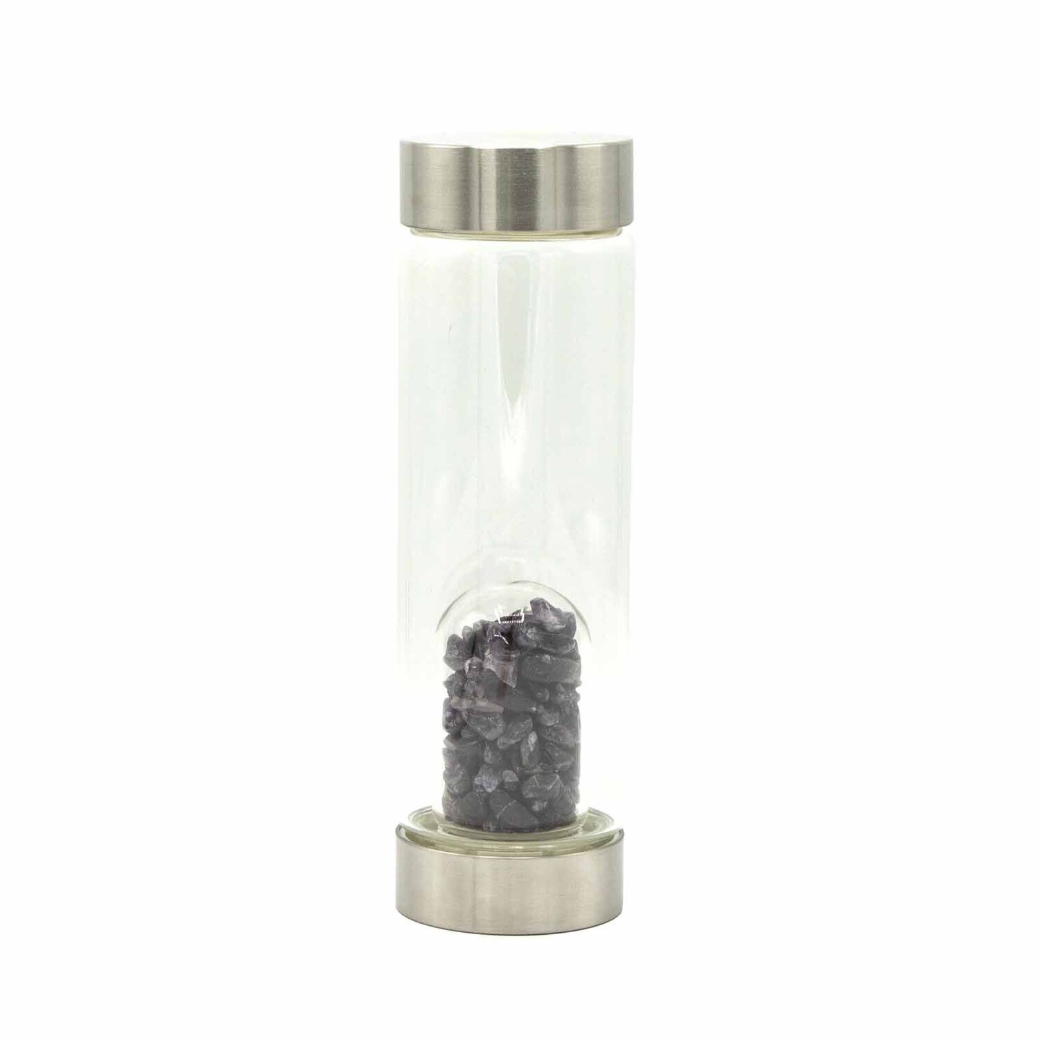 Glass Water Bottle - Crystal Infused - Relaxing Amethyst - Chips