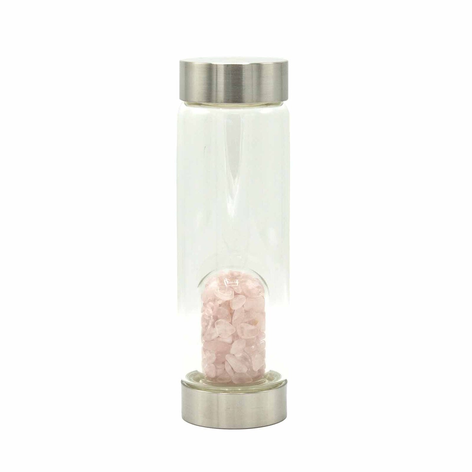 Glass Water Bottle - Crystal Infused - Rejuvenating Rose Quartz - Chips