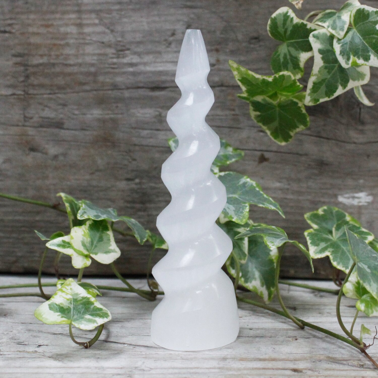 Selenite Spiral Unicorn Horn - 15 cm