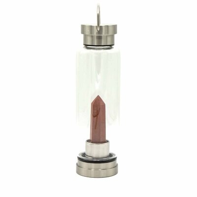 Glass Water Bottle - Crystal Infused - Invigorating Red Jasper - Obelisk