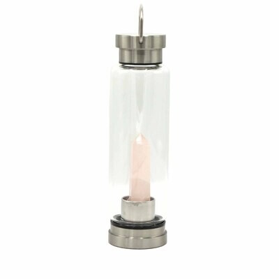 Glass Water Bottle - Crystal Infused - Rejuvenating Rose Quartz - Obelisk
