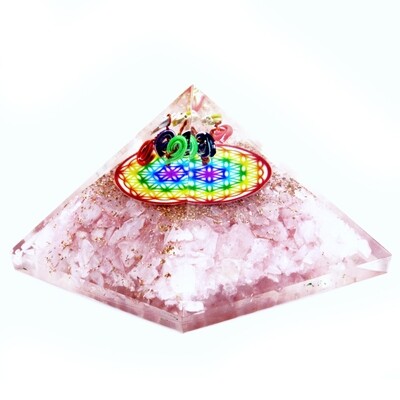 Orgonite Pyramid -  Rose Quartz  -Rainbow and Flower of Life - 70 mm