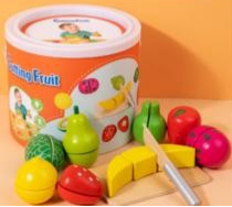 Kids Wooden Fruit Cutting Toy Set - 8 Fruits, Knife, and Cutting Board, 18x15cm Storage