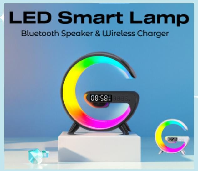 Black Smart G Lamp Night Light Bluetooth Speaker Wireless Charger LED RGB Alarm Clock