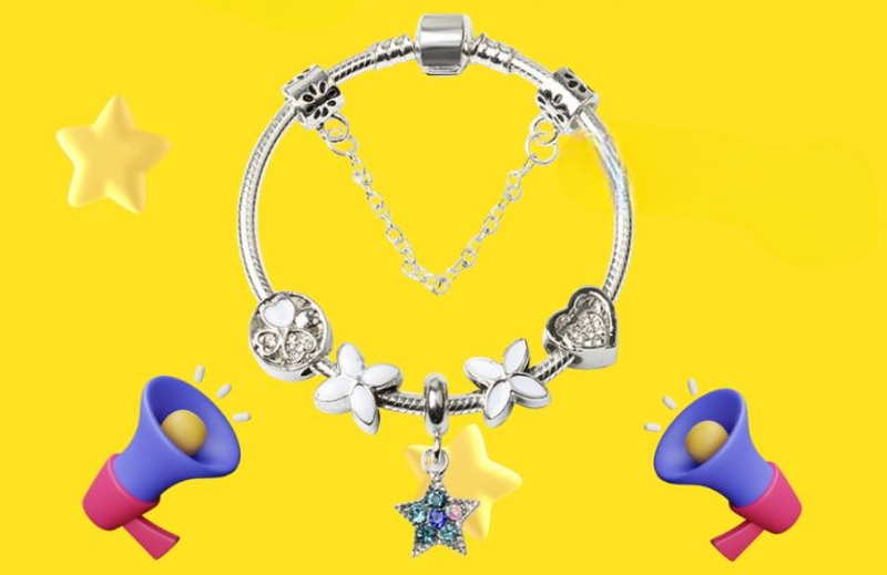 Women's Silver Plated Bracelet Snake Chain with Classic Bead Barrel Clasp and Blue Star Pendant (20cm)