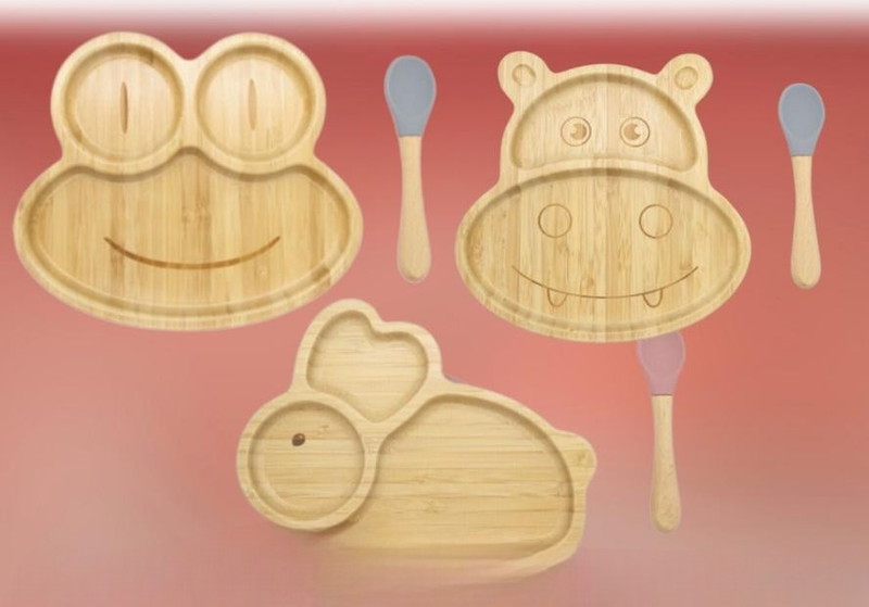 Bamboo Kids Children Baby Plate Bowl & Silicon Suction Cap Base & Spoon