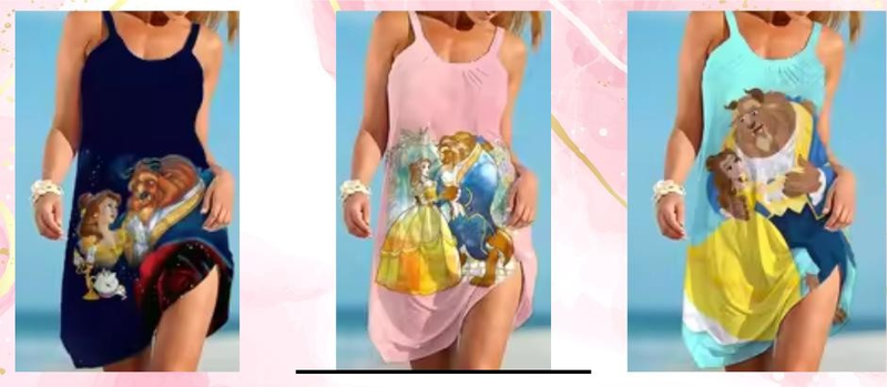 Sling Beachwear Sleeveless Sundress, Pool Slip or Night Dress Disney Beauty and the Beast Print Casual