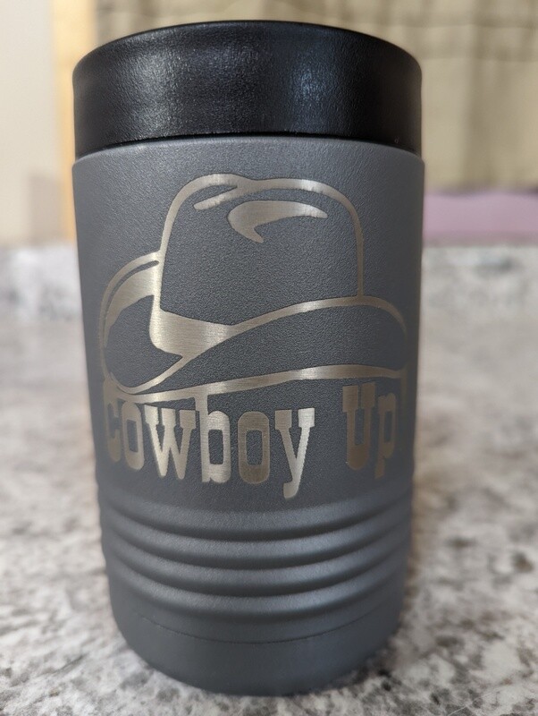 Laser engraved hard sided slim koozy.