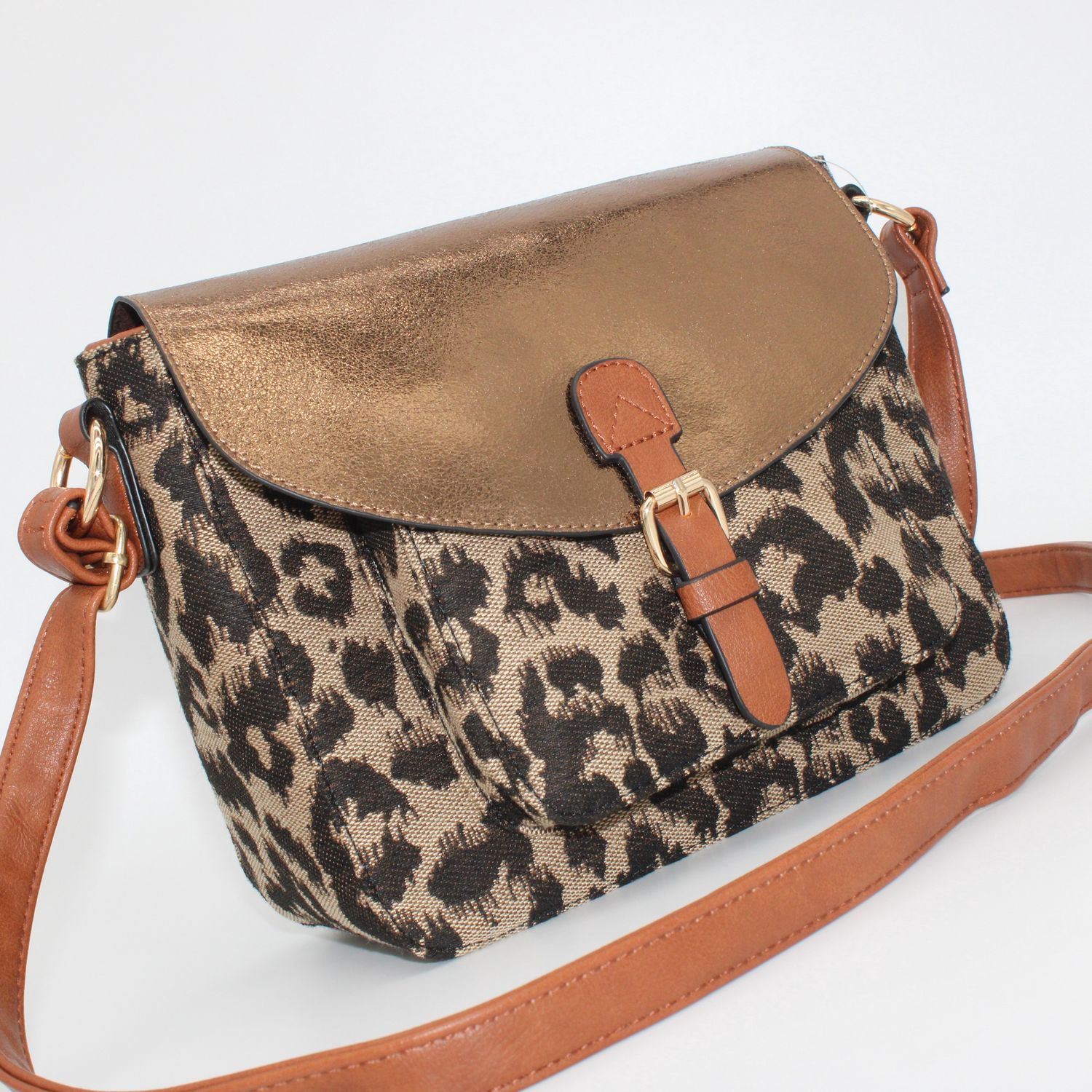 Sac bandoulière rectangulaire bronze et léopard