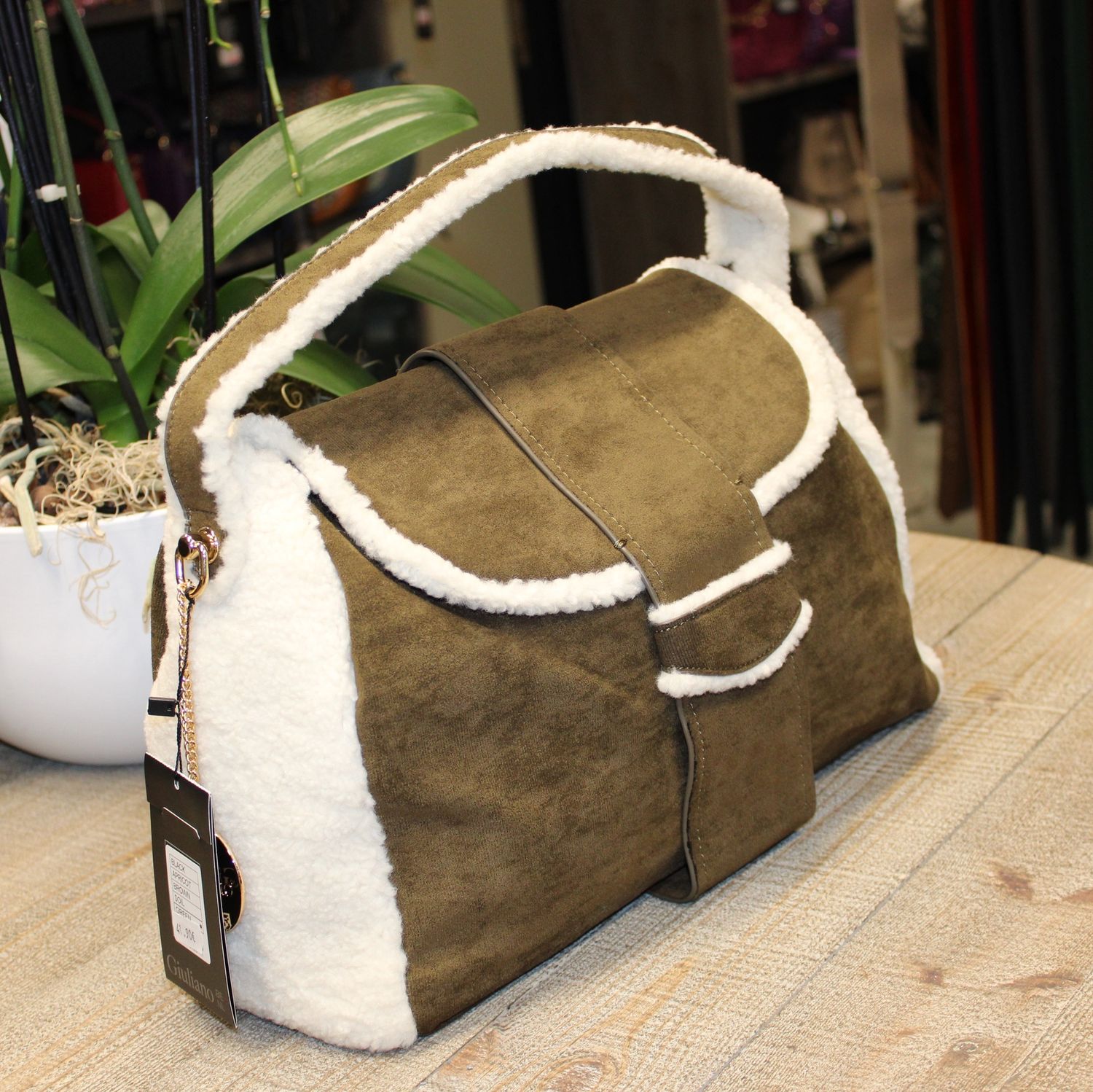 Sac peluche kaki marron avec teddy beige