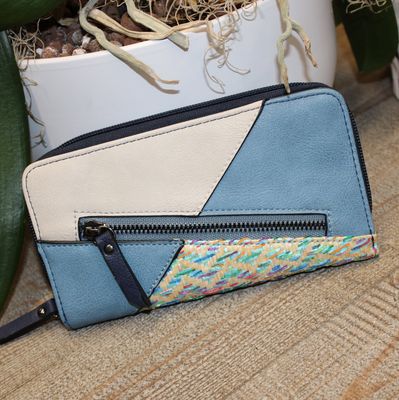 PRIX MINI: portefeuille bi matière beige et bleu