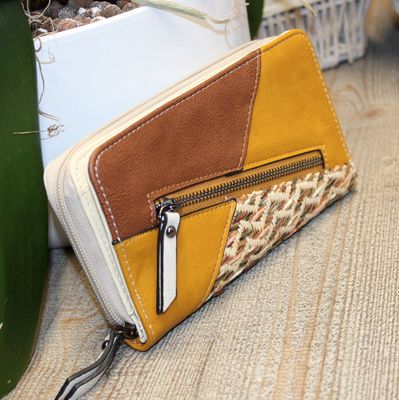 PRIX MINI: portefeuille bi matière jaune moutarde, beige et cognac