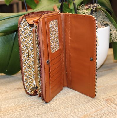 MINI PRIX: Portefeuille bi matière cognac avec détails oranges/or