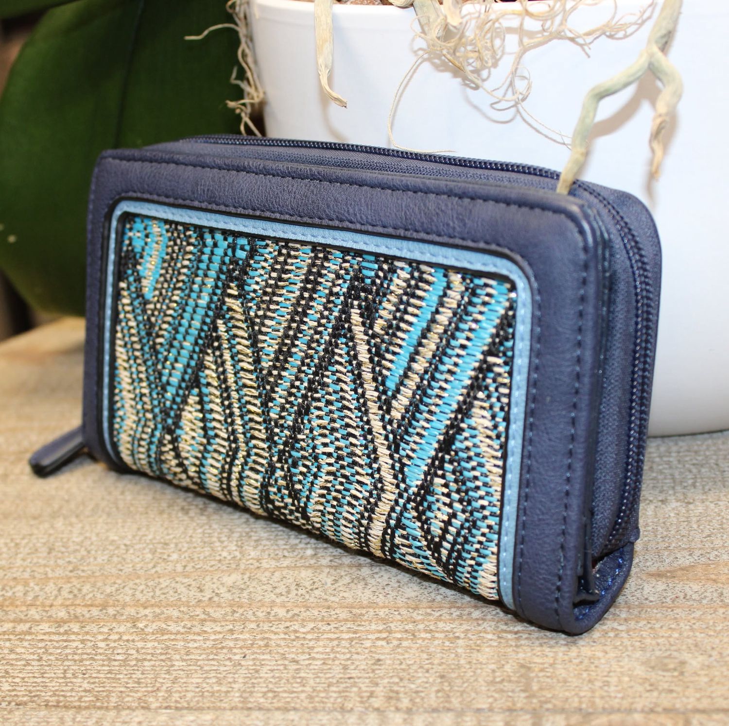 MINI PRIX: Portefeuille en similicuir bleu marine avec détails or/turquoises