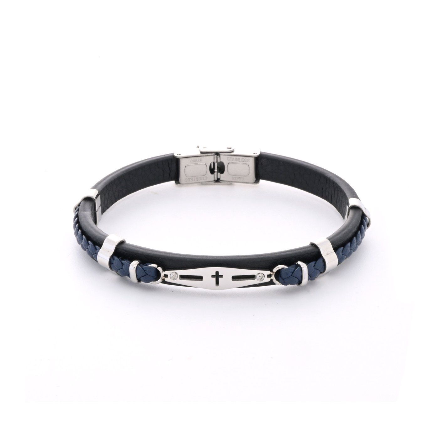 Bracelet croix en acier inoxydable et cuir