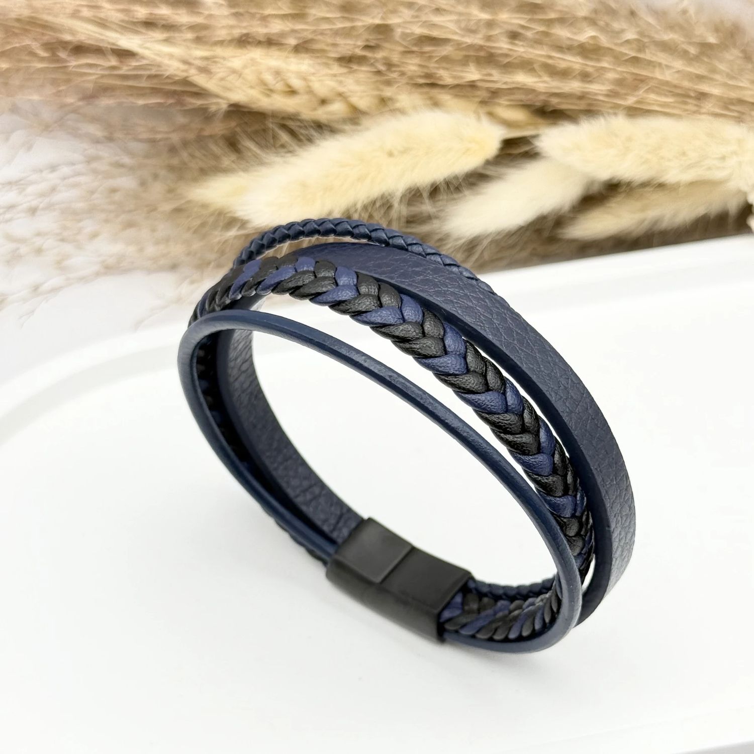 Bracelet en cuir bleu et acier inoxydable