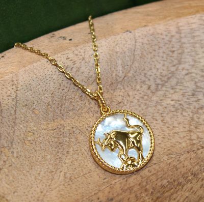 Collier &quot;TAUREAU&quot; en acier doré et nacre