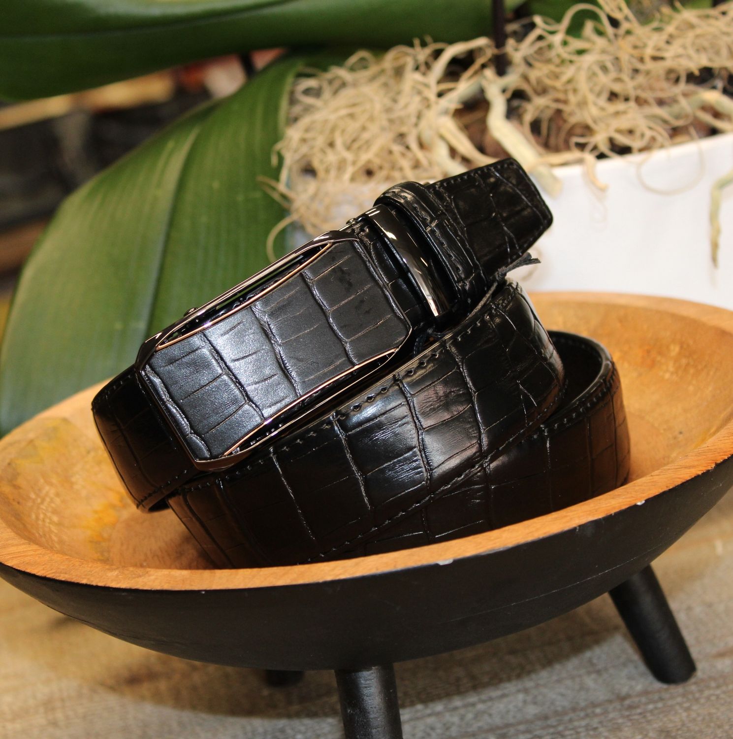 Ceinture en cuir noir effet croco