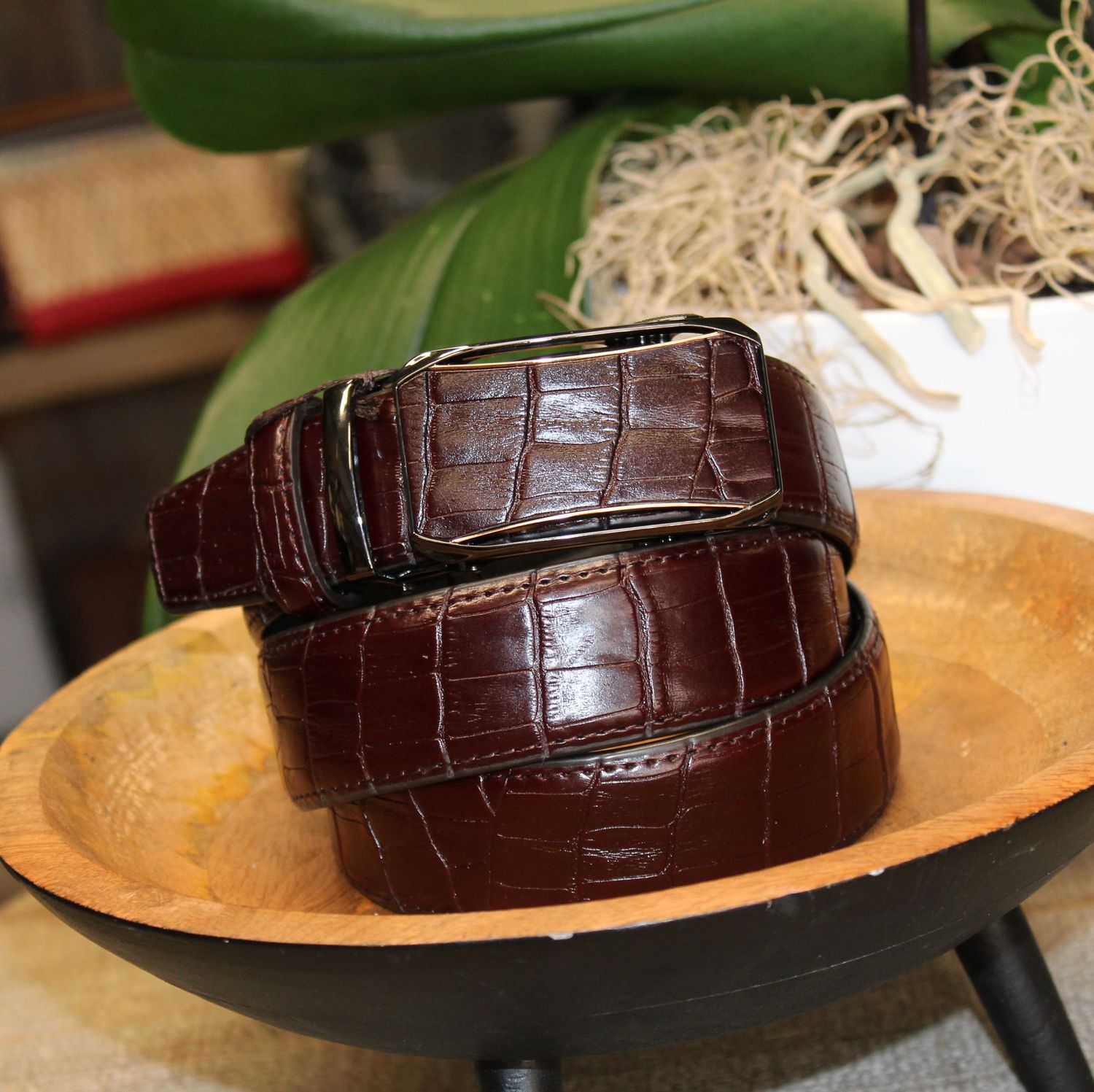 Ceinture en cuir marron effet croco