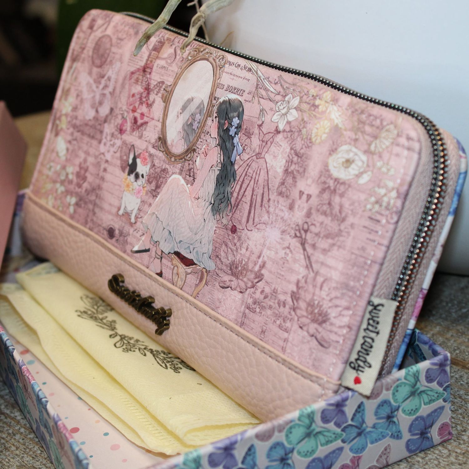 Grand portefeuille rose clair à imprimés