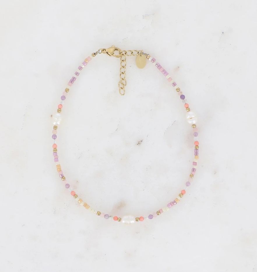 Chevillière en pierres naturelles et perles d&#39;eau douce - Rose clair