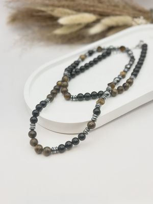 Collier en acier, pierres naturelles hématite et œil de tigre