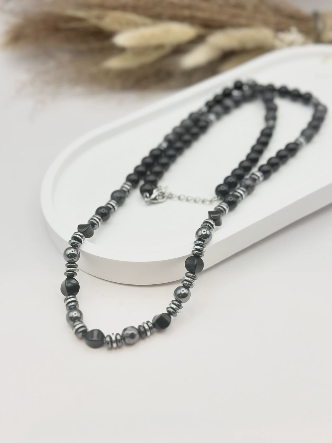 Collier en acier, pierres naturelles hématite et onyx noir