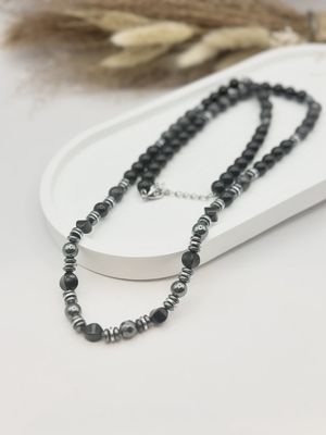 Collier en acier, pierres naturelles hématite et onyx noir