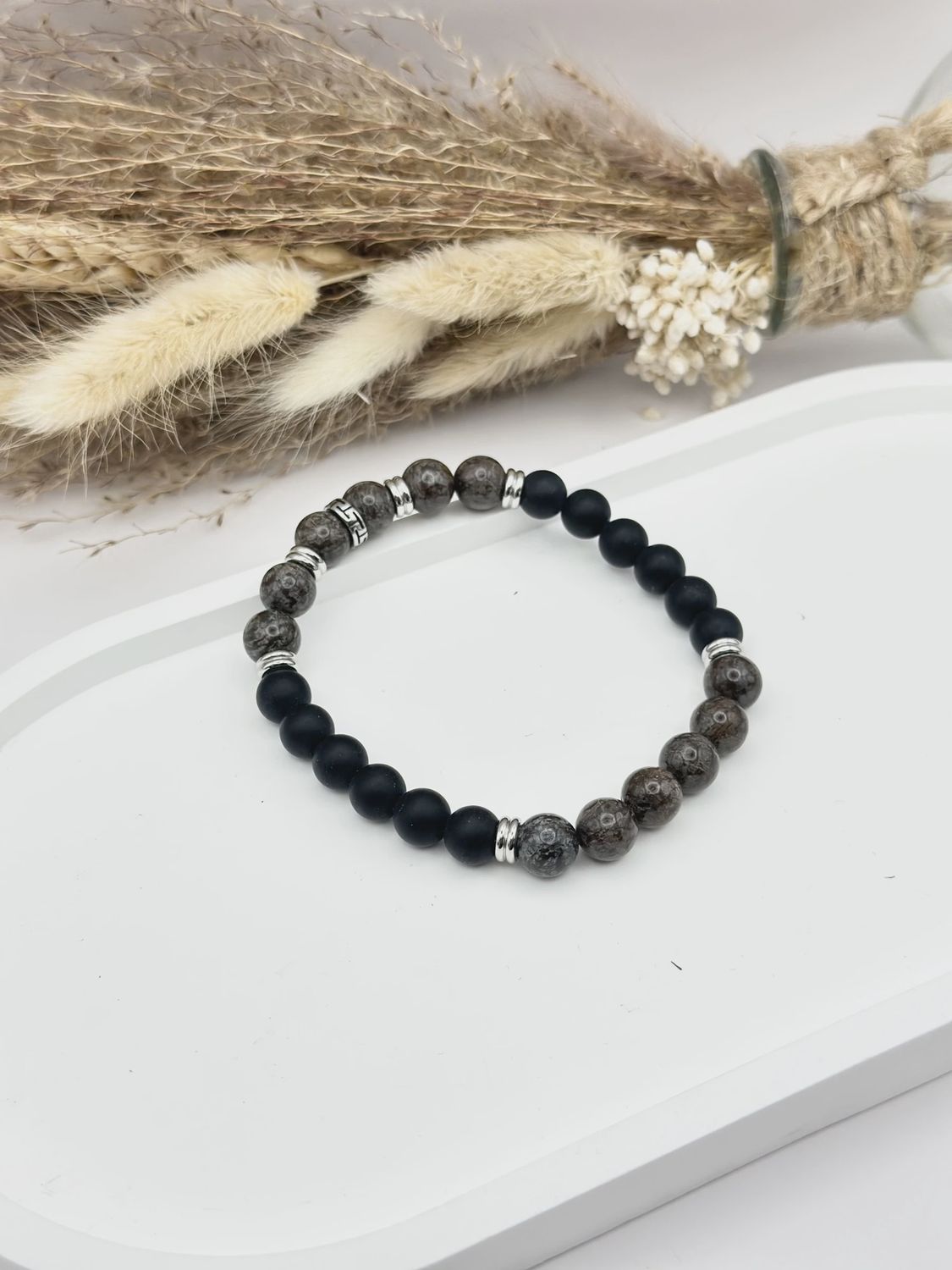 Bracelet élastique homme en pierre naturelle onyx noir mat et jaspe gris