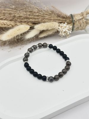 Bracelet élastique homme en pierre naturelle onyx noir mat et jaspe gris