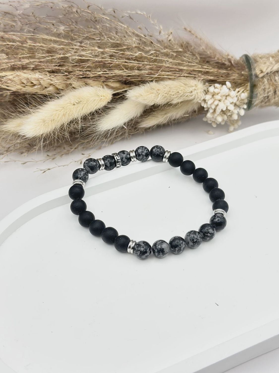 Bracelet élastique homme en pierre naturelle onyx noir mat et larvikite