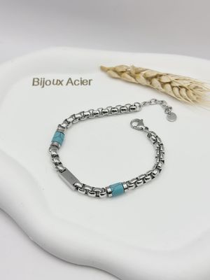 Bracelet homme en acier et pierres naturelles turquoise
