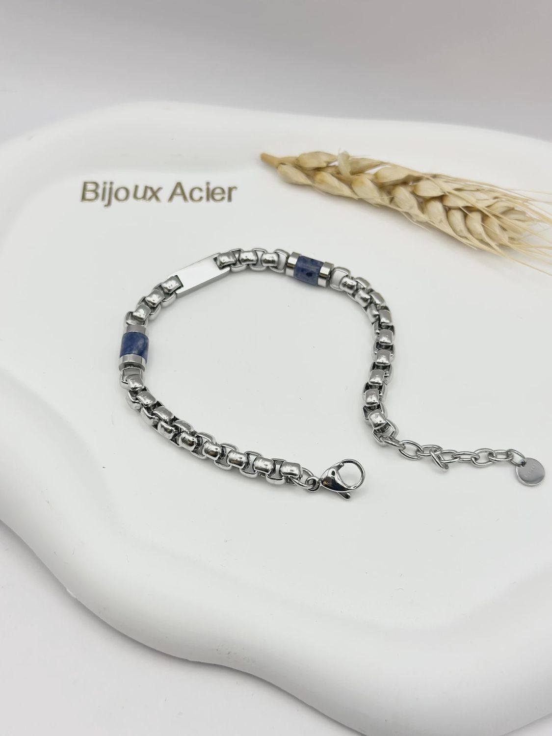 Bracelet homme en acier et pierres naturelles Lapis Lazuli