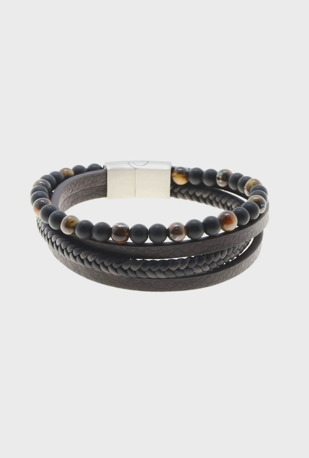 Bracelet homme en cuir marron et noir avec pierre œil de tigre