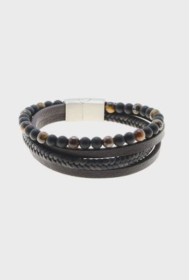 Bracelet homme en cuir marron et noir avec pierre œil de tigre