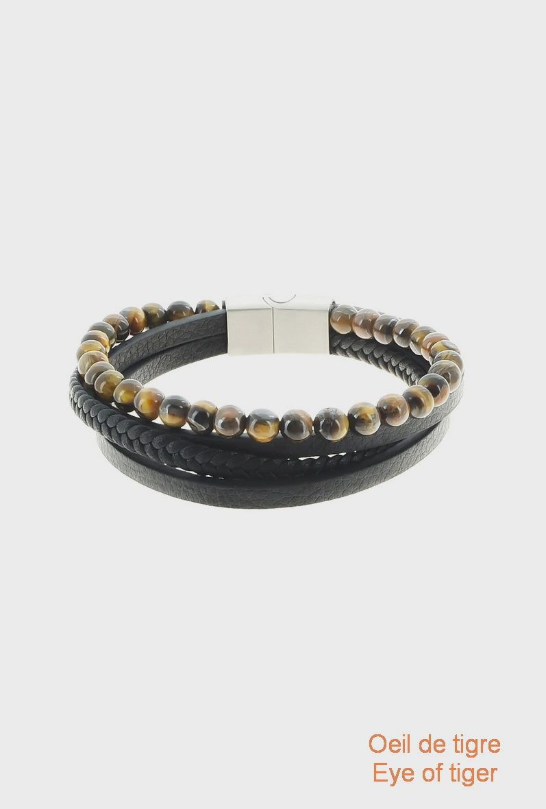 Bracelet homme en cuir noir avec pierre œil de tigre